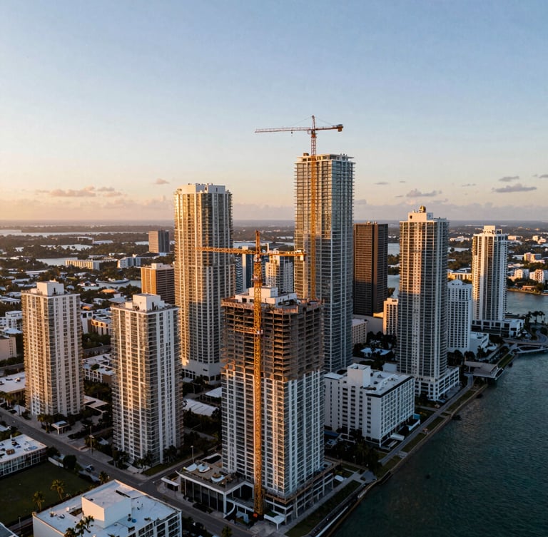 Wide-angle aerial drone photograph of Miami's coastal skyline at golden hour, active cranes atop under-construction residential towers, high-contrast light