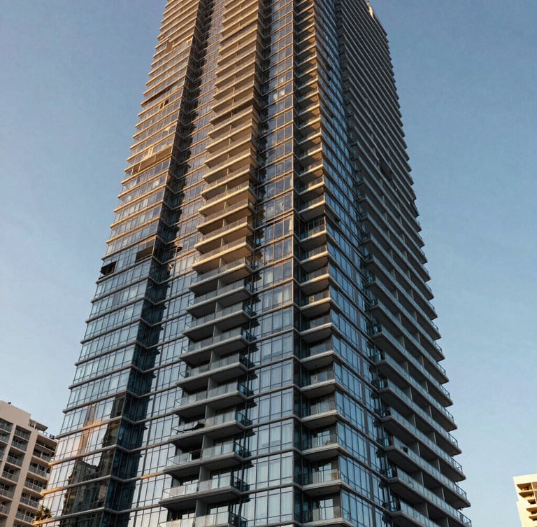 High-contrast architectural rendering of a modern glass residential skyscraper in Miami, sharp coastal sunlight reflecting off the facade, low-angle shot, 35mm
