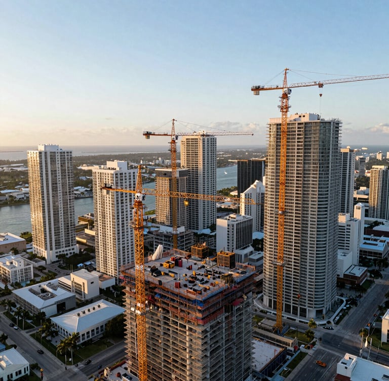 Wide-angle aerial drone shot of active construction cranes over Miami skyline, high-contrast morning light, coastal tones.