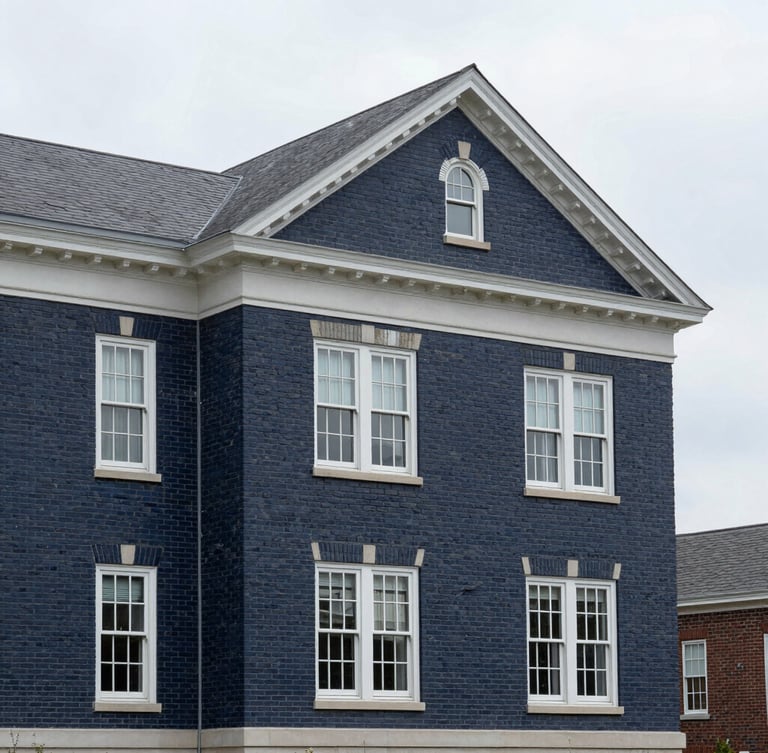 An architectural crop of a classic brick building in Westchester County under soft overcast daylight, clean lines, professional 35mm photography