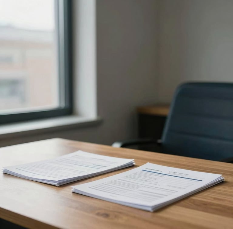 A professional, natural-light office interior in Valhalla, New York. Warm window light illuminating a clean wooden table with neat financial documents, soft focus background, editorial corporate style, 35mm.