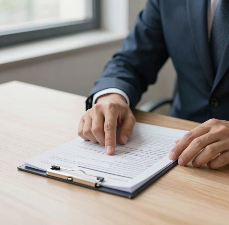 Editorial corporate photography, soft natural window light, a close-up of hands reviewing a structured financial statement on a clean wooden desk, professional 35mm