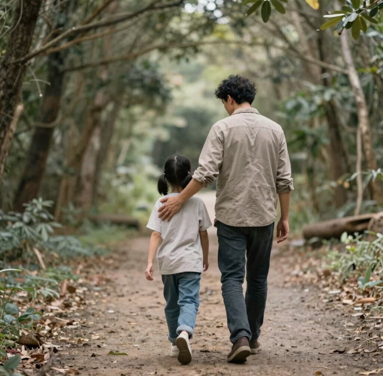 A supportive family member walking alongside a survivor on a quiet forest path, soft diffused natural light, muted earthy tones, shallow depth of field.
