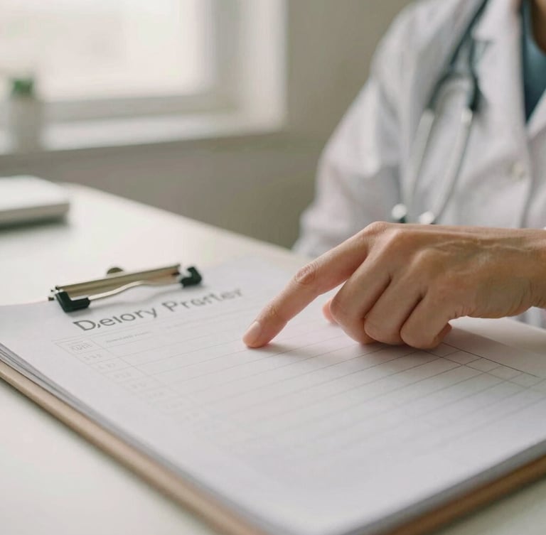A close-up of a healthcare provider gently pointing to a clean, simple recovery chart on a desk, soft indirect light, warm desaturated tones, shallow depth of field.