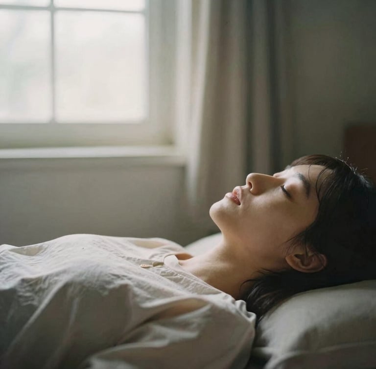 A person resting peacefully in a soft, sunlit room, diffused natural window light, muted earthy tones, shallow depth of field, 35mm film