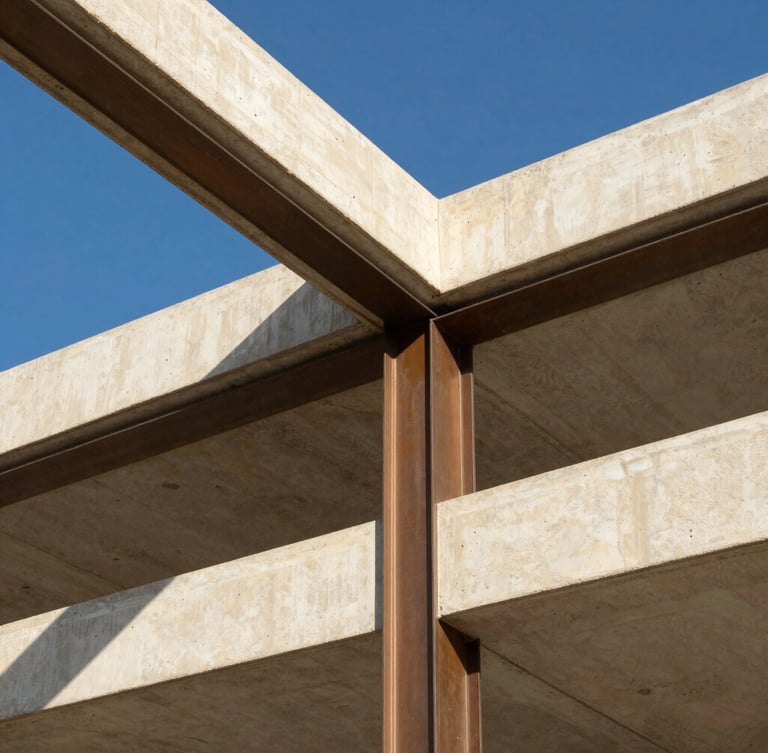Macro structural detail of modern architectural concrete and bronze steel framing, sharp Mediterranean sun casting geometric shadows, high contrast