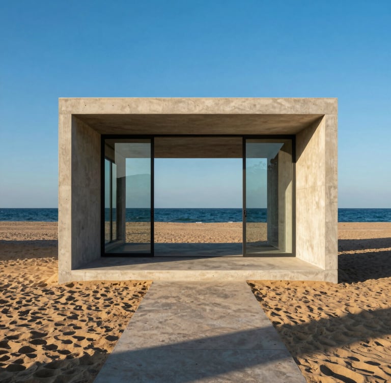 Symmetrical straight-on architectural photograph of a modern concrete and glass pavilion on the Mediterranean coast, sharp shadows, bright golden-hour light, minimal luxury