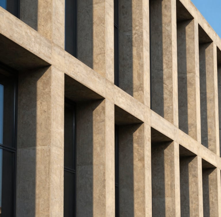 Macro structural detail of modern concrete columns and glass panels. Straight-on angle, sharp geometric lines, bright golden-hour Mediterranean sun casting deep linear shadows.