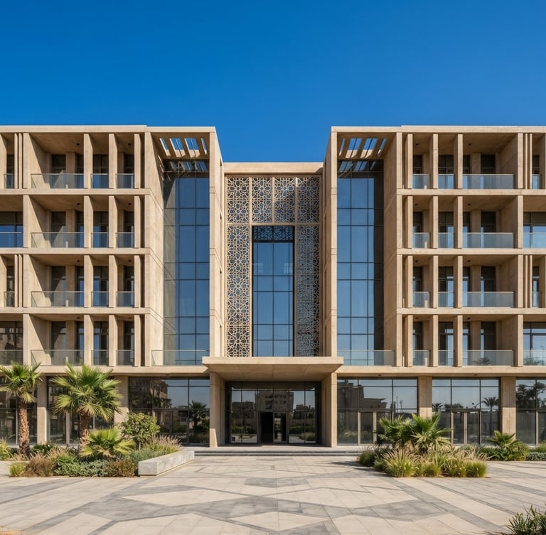 Symmetrical straight-on architectural elevation of a modern concrete and glass commercial building in New Mansoura, bright Mediterranean daylight, sharp geometric shadows, warm sand tones