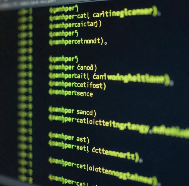 Extreme close-up of a dark cinematic terminal screen showing running code blocks with glowing cyber-lime accents, macro focus, 35mm