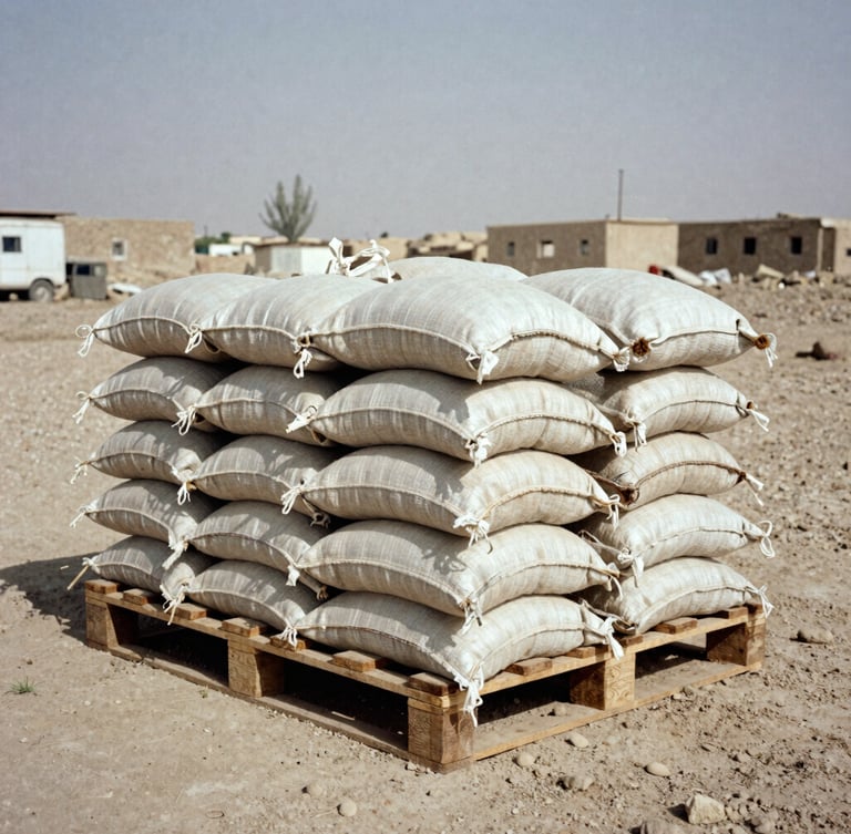 A wide-angle documentary shot of aid distribution in late-1990s Afghanistan, grain sacks stacked on a wooden pallet, dusty earth tones, archival 35mm film grain.
