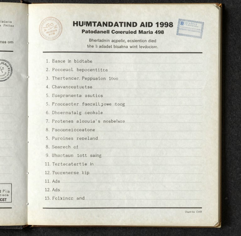 Flat-lay scan of a historical humanitarian aid manifest from 1998, printed on aged paper with official stamps, low-contrast natural daylight, archival film grain.