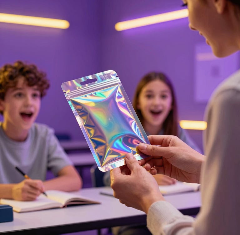 Dynamic low-angle close-up of a teacher handing a holographic science booster pack to an excited student in a modern classroom, purple and yellow rim lights, high-contrast studio details