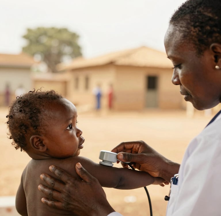 A medium close-up of a healthcare worker gently measuring an infant's arm in a bright, sunlit community clinic in Nigeria, warm golden-hour light, shallow depth of field, 35mm.