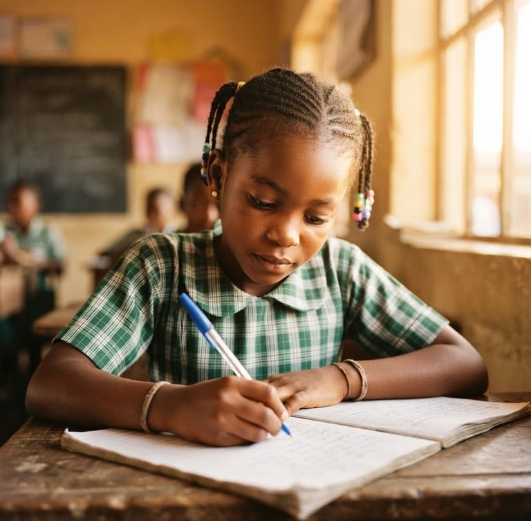 A warm medium close-up of a Nigerian schoolgirl writing in her notebook, illuminated by soft golden-hour window light, shallow depth of field, 35mm