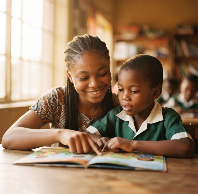 Medium close-up of a smiling Nigerian teenager mentoring a young school-age child with a book under warm, golden-hour natural window light, shallow depth of field, 35mm