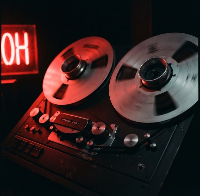 Cinematic close-up of analog tape reels spinning in a dark studio, harsh red neon light reflecting on metallic surfaces, heavy 35mm film grain, moody chiaroscuro shadows.