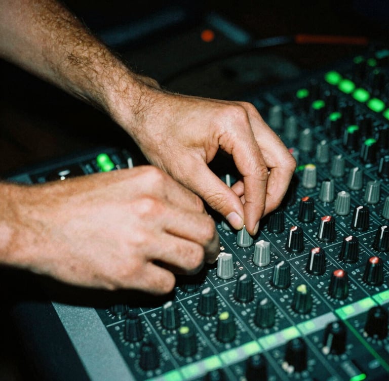 Close-up of hands adjusting dials on an analog mixing console in a dark studio, neon green backlighting, high contrast 35mm flash photography.