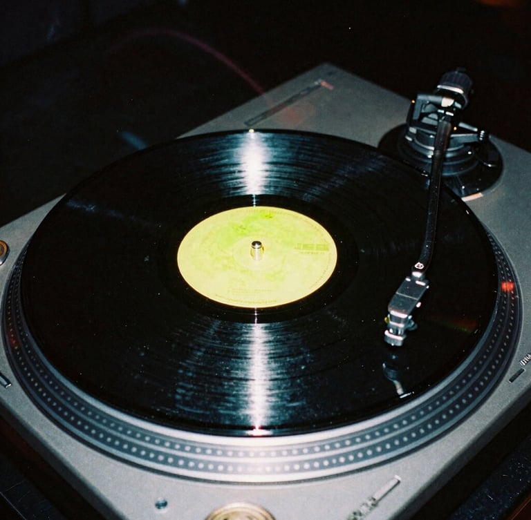 Gritty close-up of a vinyl record spinning on a turntable under harsh direct flash, neon green reflections, high contrast dark club environment, 35mm photography style.