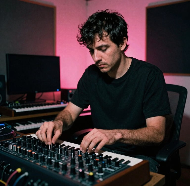 Gritty portrait of a music producer tweaking knobs on a modular synthesizer, low-light neon pink backlighting, harsh shadows, analog studio environment, 35mm photography.