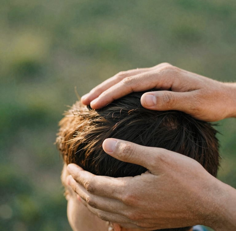 Close-up of hands gently supporting a client's head, soft diffused afternoon sunlight, earthy green and muted gold tones, shallow depth of field, 35mm film texture.