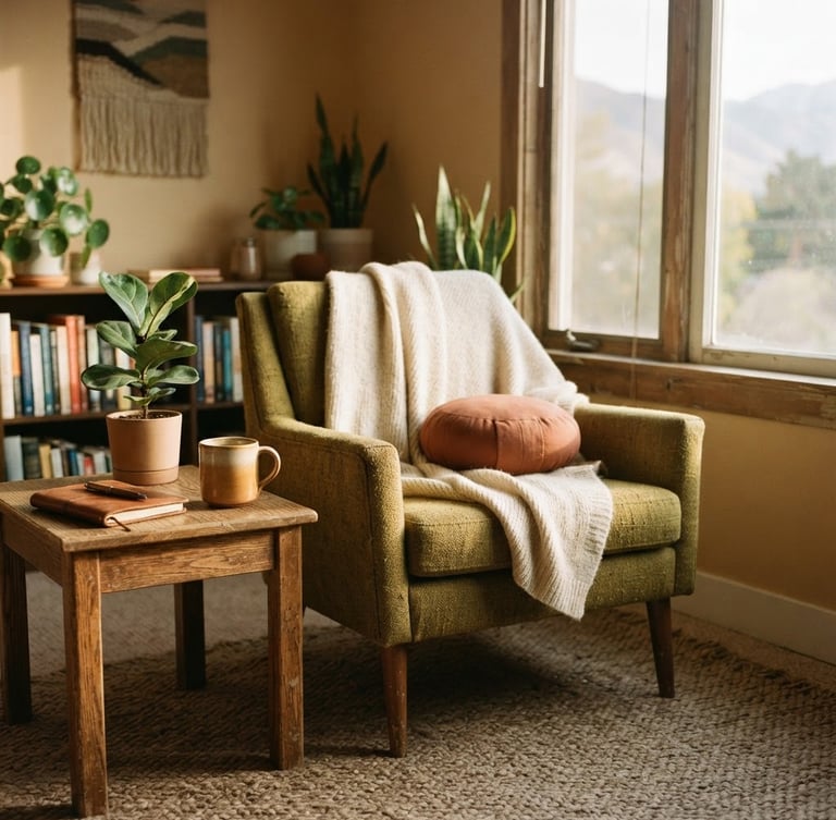 Quiet, sunlit corner of a somatic therapy studio in Salt Lake City, warm diffused afternoon light, natural textures like wood and soft blankets, shallow depth of field, 35mm film texture.
