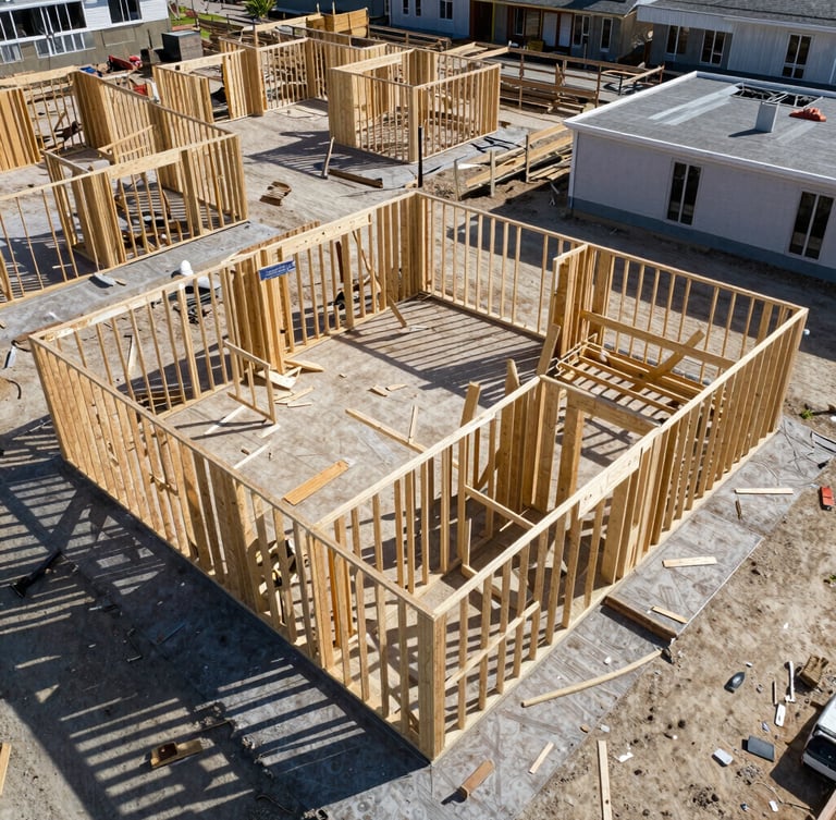 High-angle drone shot of an active residential construction site, raw wood framing exposed, bright direct daylight, high-contrast cool tones