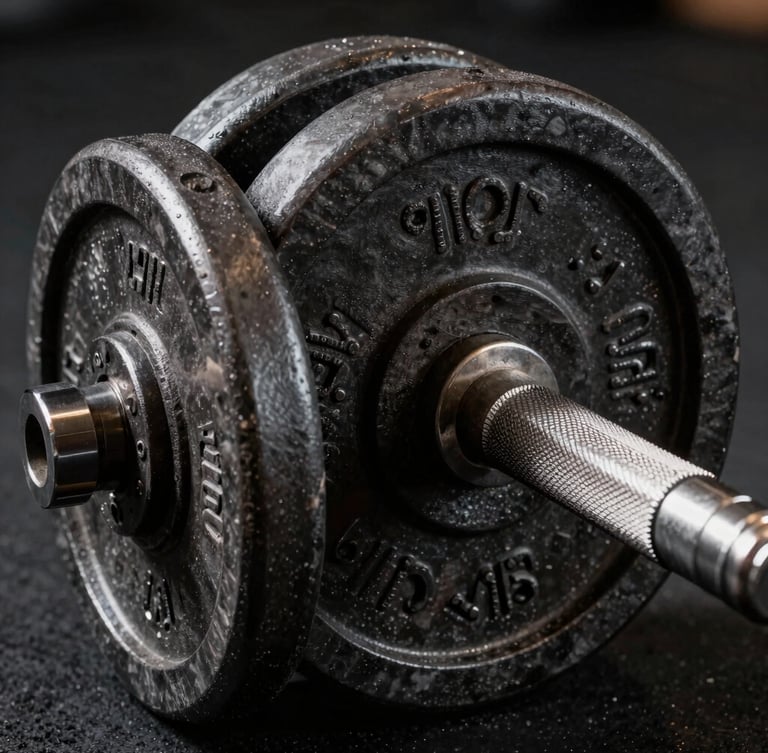 Close-up shot of a vintage knurled steel barbell loaded with heavy iron plates, dramatic side-lighting highlighting the metallic texture and knurling details, black background.