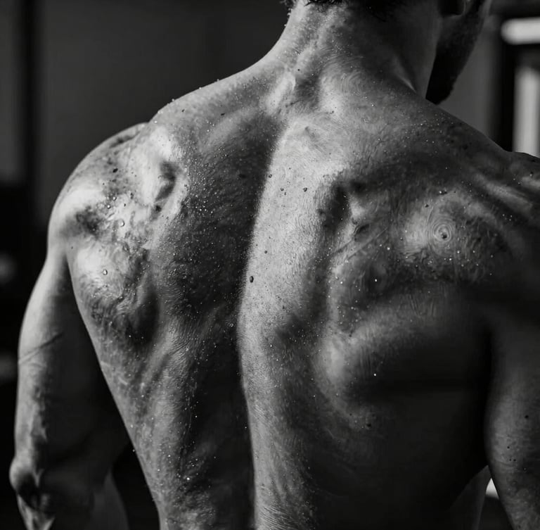 Dramatic close-up of a bodybuilder's back muscles under tension, high-contrast chiaroscuro lighting, black and white