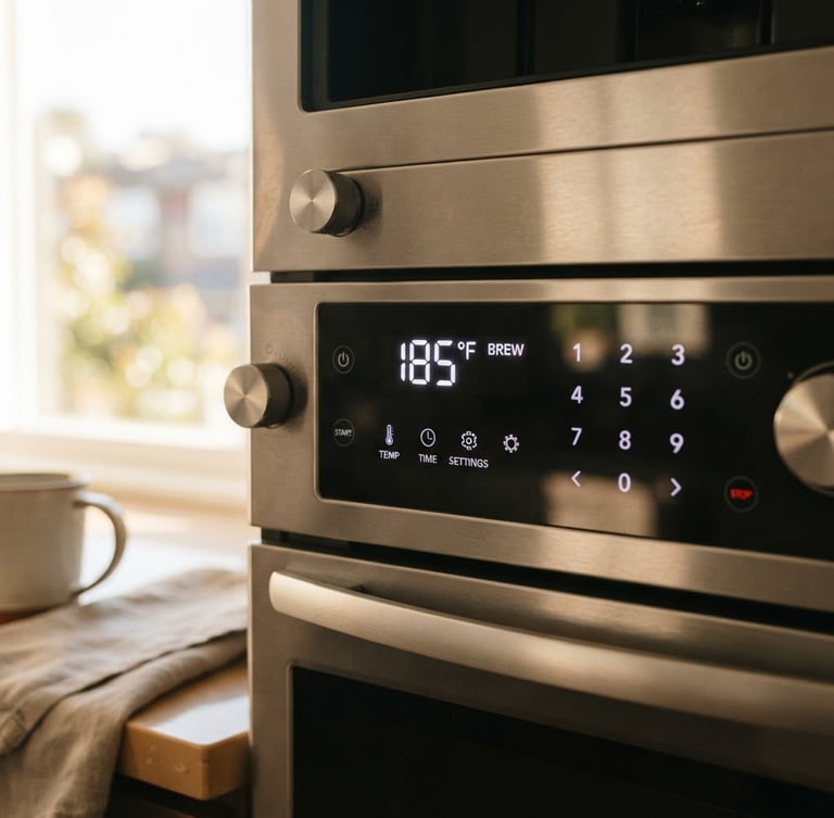 Close-up of a sleek, modern kitchen appliance interface, showing digital controls for temperature, bright morning window light, warm neutral tones, crisp detail, shallow depth of field, straight-on eye-level shot.