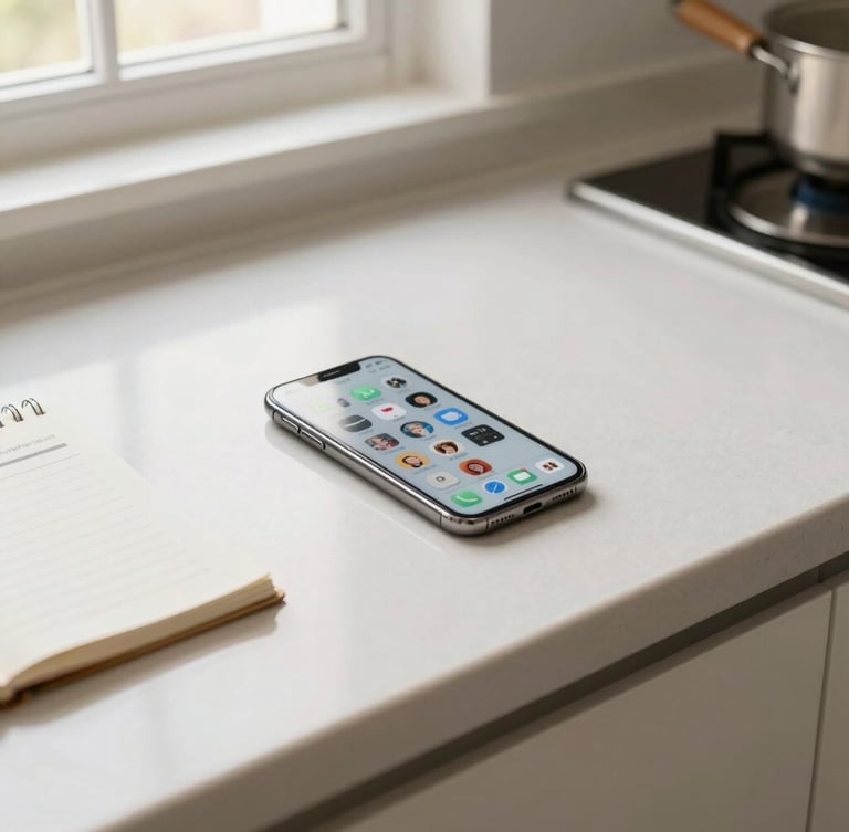 Overhead shot of a clean kitchen countertop with a smartphone displaying social media icons and a notepad with contact details, bright morning window light, warm neutral tones, crisp detail, shallow depth of field