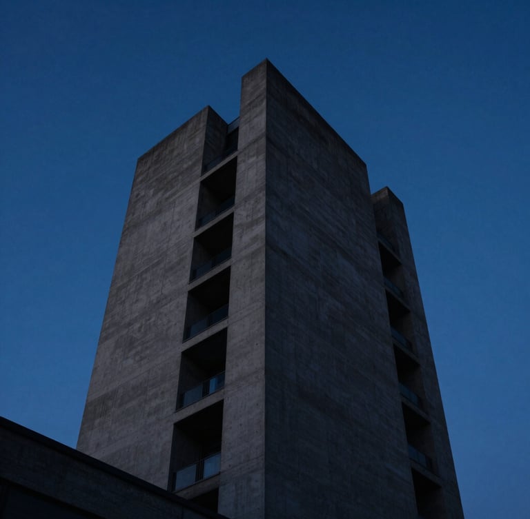 Low-key moody architectural shot of a modern concrete tower ascending into a deep cosmic blue twilight sky, sharp focus, 35mm lens.