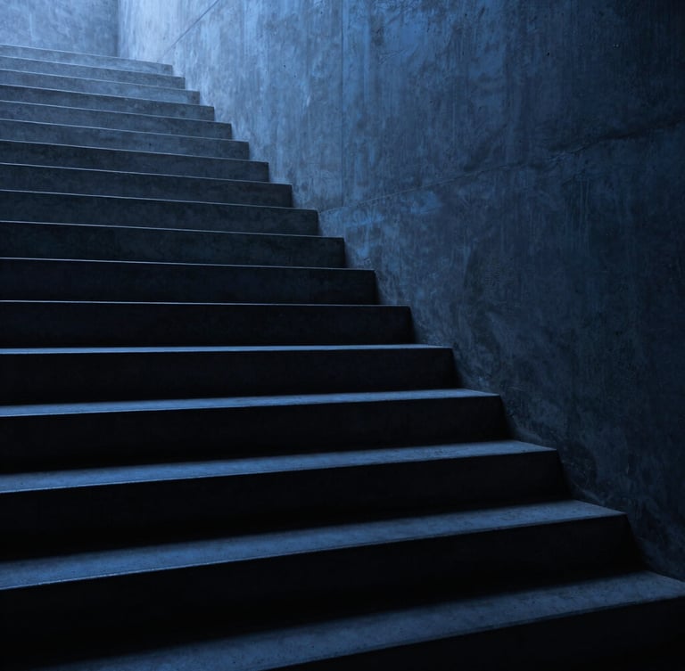 Low-key moody shot of a minimalist concrete staircase ascending upwards into shadow, cosmic blue ambient lighting, high contrast.