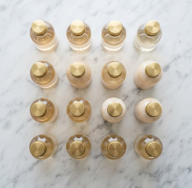 Structured flat-lay of minimalist glass amenity bottles with brass caps on a clean white marble surface, bright neutral daylight, sharp macro focus