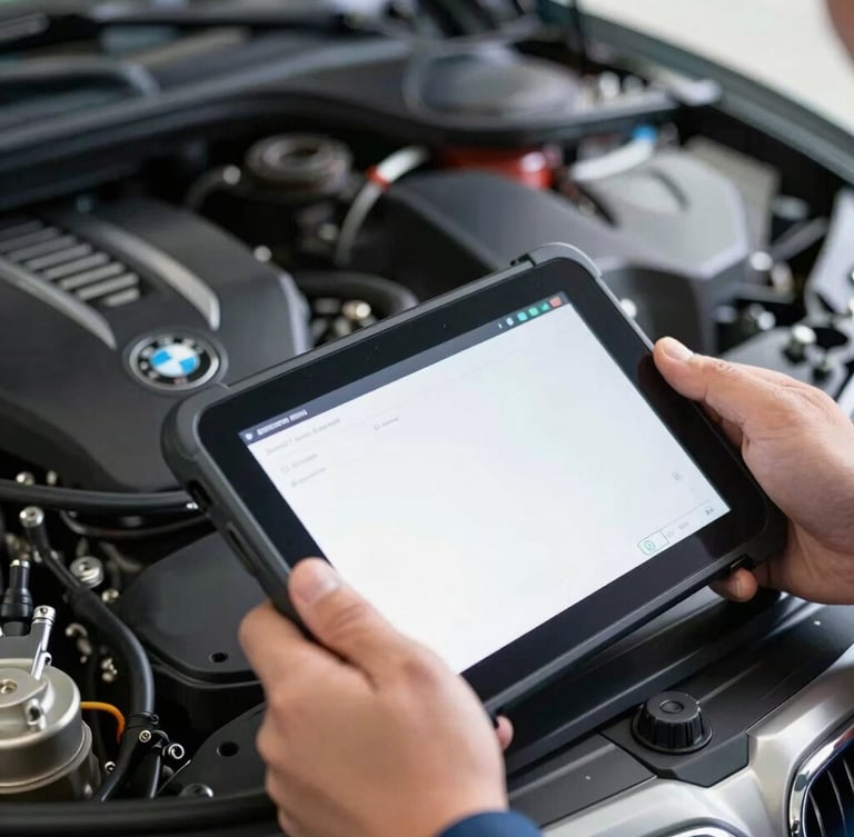Close-up macro shot of a mechanic using a high-tech diagnostic tablet connected to a modern BMW engine bay, bright cool workshop lighting, sharp focus on screen