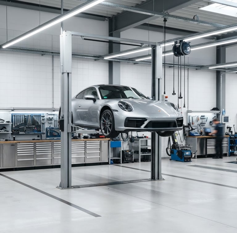 Sharp industrial photography of a clean modern automotive workshop, a silver Porsche 911 on a hydraulic lift, bright overhead LED lighting, organized tool cabinets in the background, 50mm lens