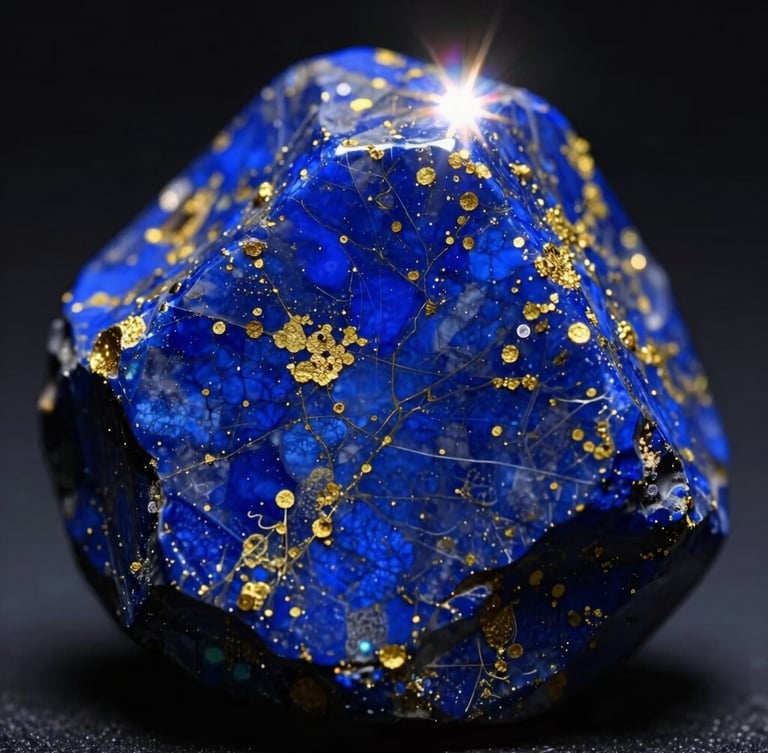 Macro shot of raw lapis lazuli stone, deep blue with golden pyrite inclusions, dramatic low-key lighting, ethereal backlighting, soft prismatic lens flares, 35mm
