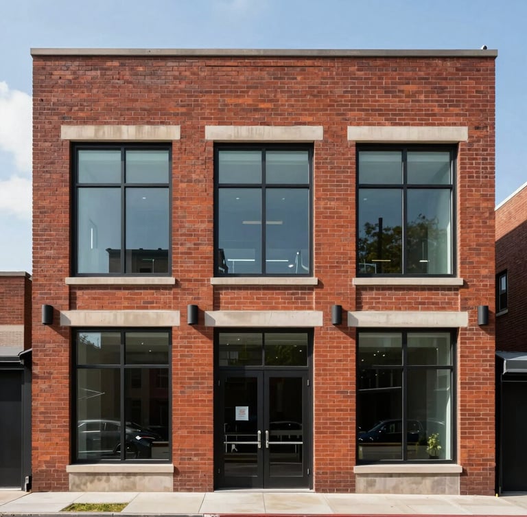 Straight-on architectural elevation of 1467 Coffeen Avenue, showcasing clean red brickwork, professional steel framing, and large glass windows under bright daylight.
