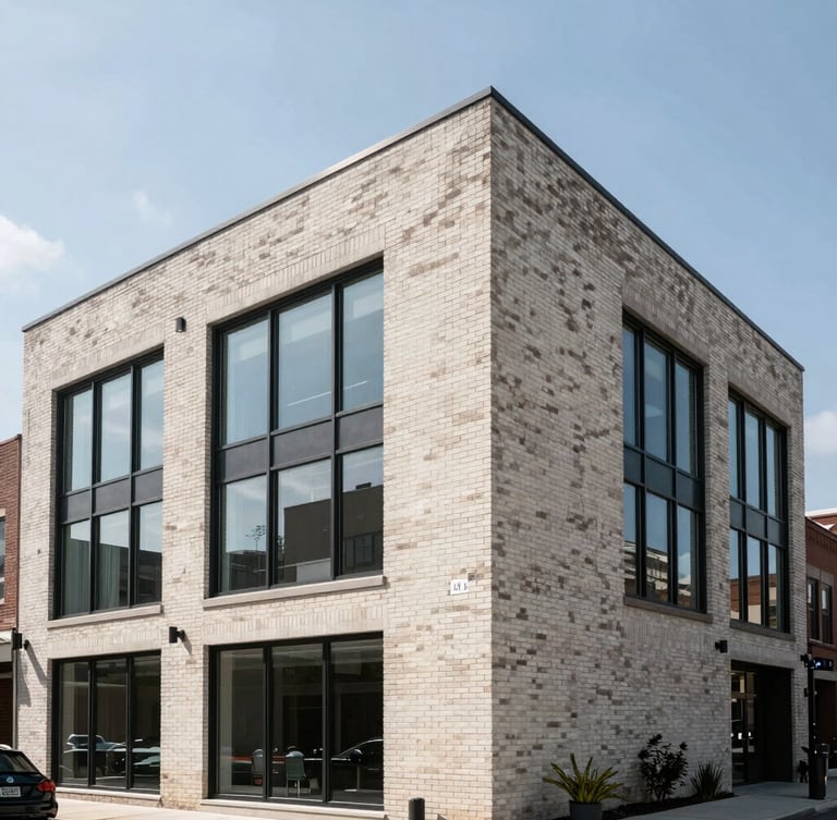 Crisp architectural exterior shot of 1467 Coffeen Avenue showing clean brickwork and modern glass facades under bright daylight.