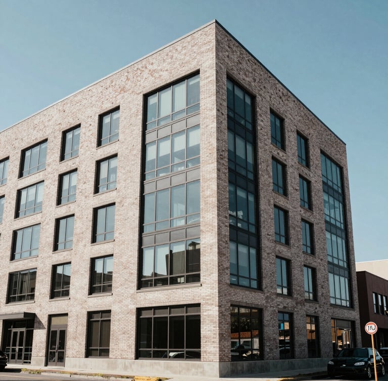 Straight-on architectural elevation of 1467 Coffeen Avenue under bright daylight, clean brick and glass facade, sharp angles, professional corporate aesthetic.
