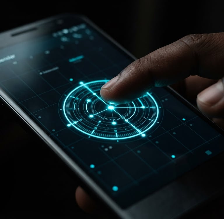 Macro close-up of a premium Android phone screen displaying a dark-themed calendar app, glowing electric cyan accents illuminating a finger hovering over a custom dial widget, moody ambient dark-room lighting, macro lens, shallow depth of field.