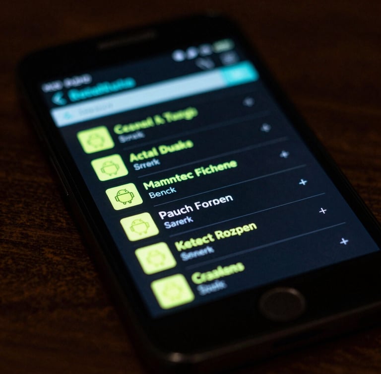 Macro portrait of an Android device displaying a neon-accented task manager, glowing radioactive lime and cyan screen-cast light illuminating a dark wooden surface, shallow depth of field.