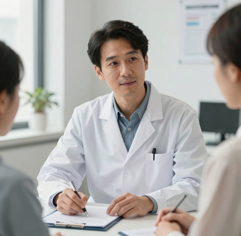 Medium close-up of a licensed naturopathic doctor in a bright, modern clinical office, consulting with a patient over medical charts, clean daylight, neutral white balance.