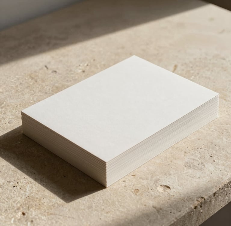 A minimalist, wide-angle shot of tactile, heavy handmade paper stocks resting on a warm beige stone surface, bathed in soft morning daylight with gentle, natural shadows.