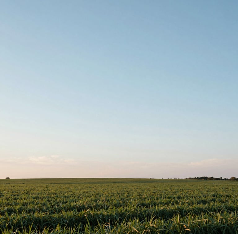 Wide open horizon of an Indiana field at dawn, soft diffused daylight, pale blue sky dominating the upper two-thirds.
