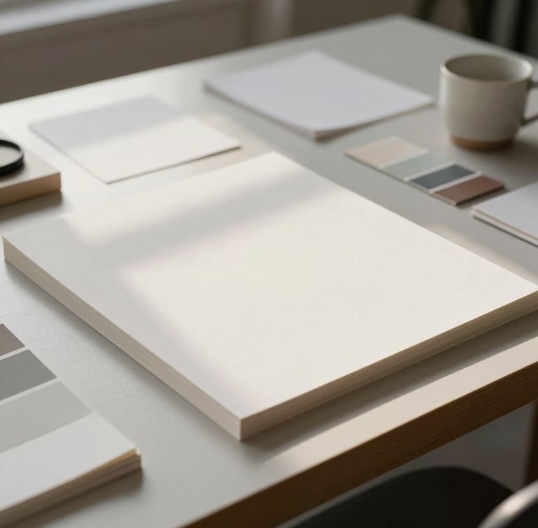 Wide panoramic view of a minimalist design studio desk with tactile heavy paper stocks, neutral color swatches, and a ceramic cup under soft morning daylight.
