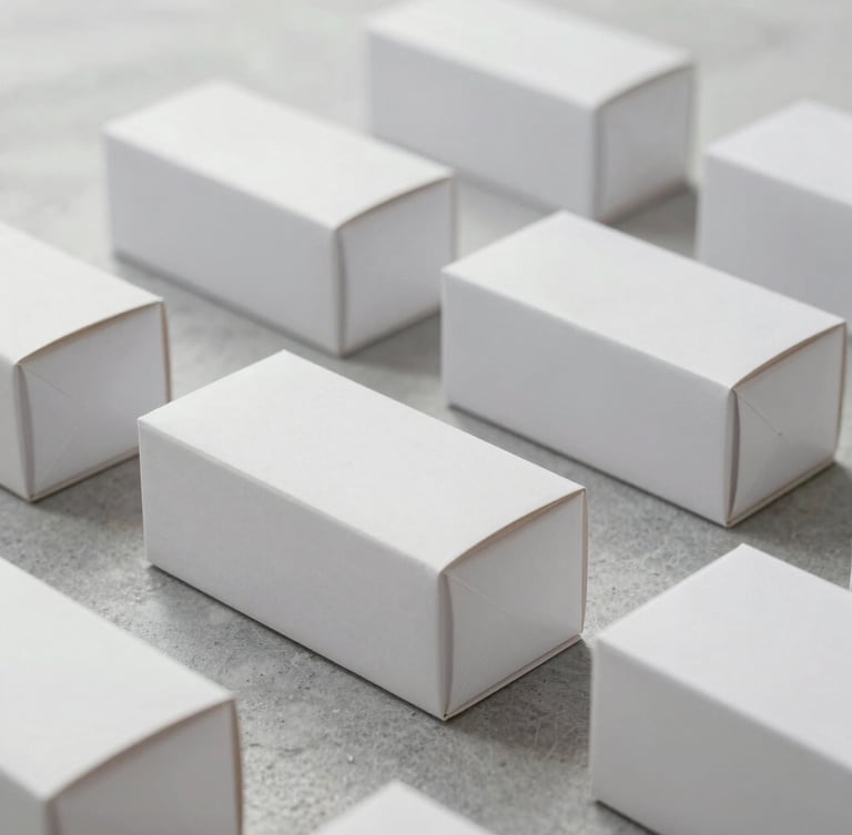 A clean geometric arrangement of simple white packaging boxes on a light grey stone surface, diffused overcast morning light, soft shadows, architectural crop.