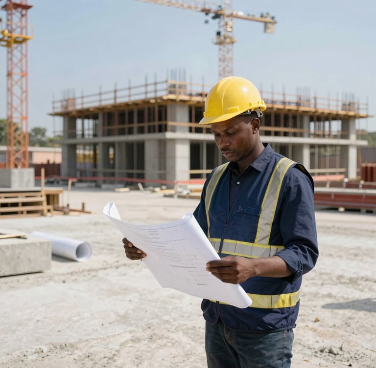 A certified Ghanaian civil engineer in a navy blue safety vest reviewing blueprints on an active concrete construction site, bright morning sun, sharp focus, 35mm