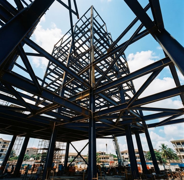Low-angle heroic perspective of structural steel framing against a bright midday Ghanaian sky, sharp architectural shadows, deep navy steel tones, 35mm architectural photography.