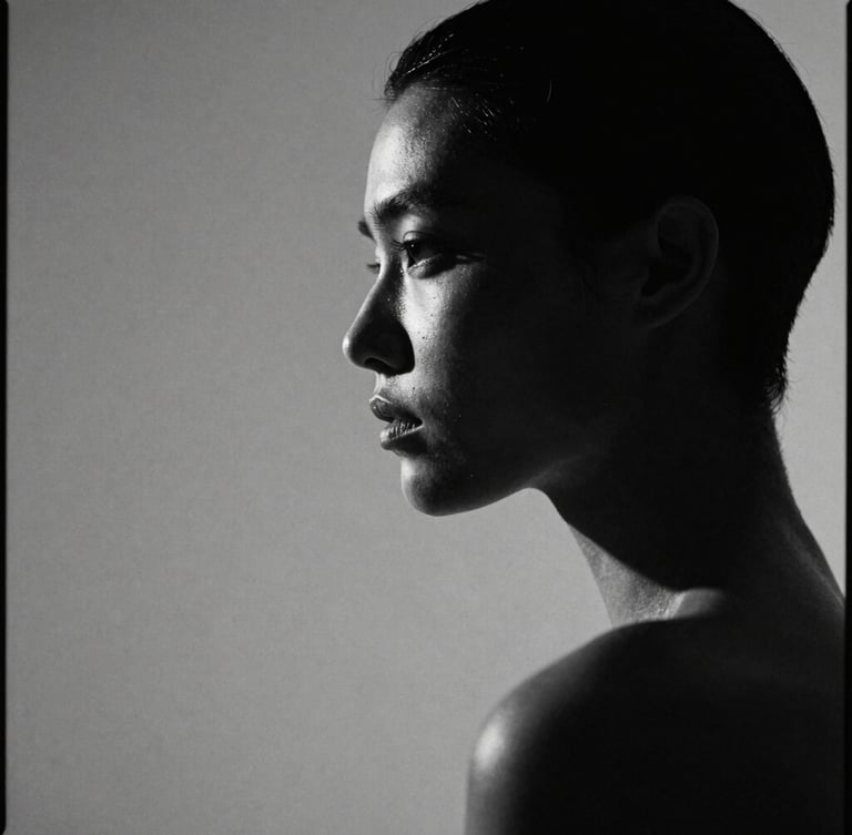 High-fashion model portrait in sharp profile, dramatic studio lighting with deep shadows, stark black and white, 35mm film grain, negative space on the left